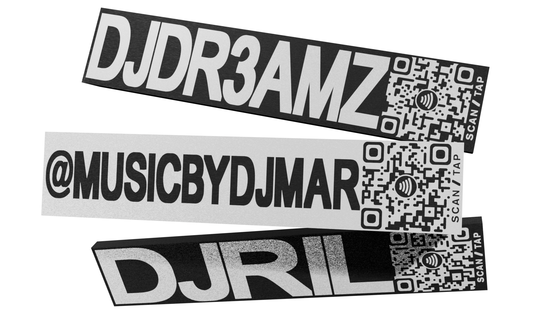 Three Club XL plates with custom DJ names in Midnight Black and TRUE White, each with Scan / Tap-Connect QR